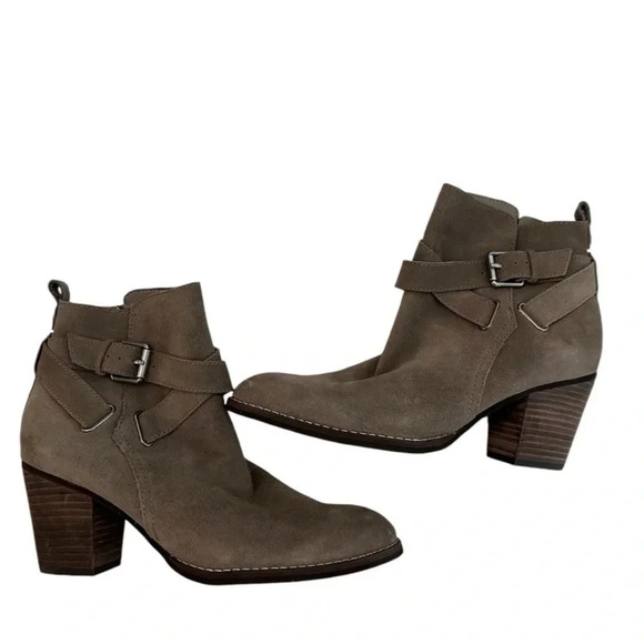 Sam Edelman Women’s ZipUp Pointed Toe Gray/Tan Leather Heeled Booties Sz 8M GUC - Picture 1 of 15
